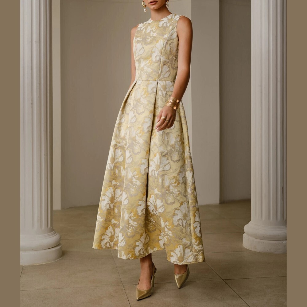Yellow Floral Jacquard Sleeveless Pleated A-Line Maxi Dress